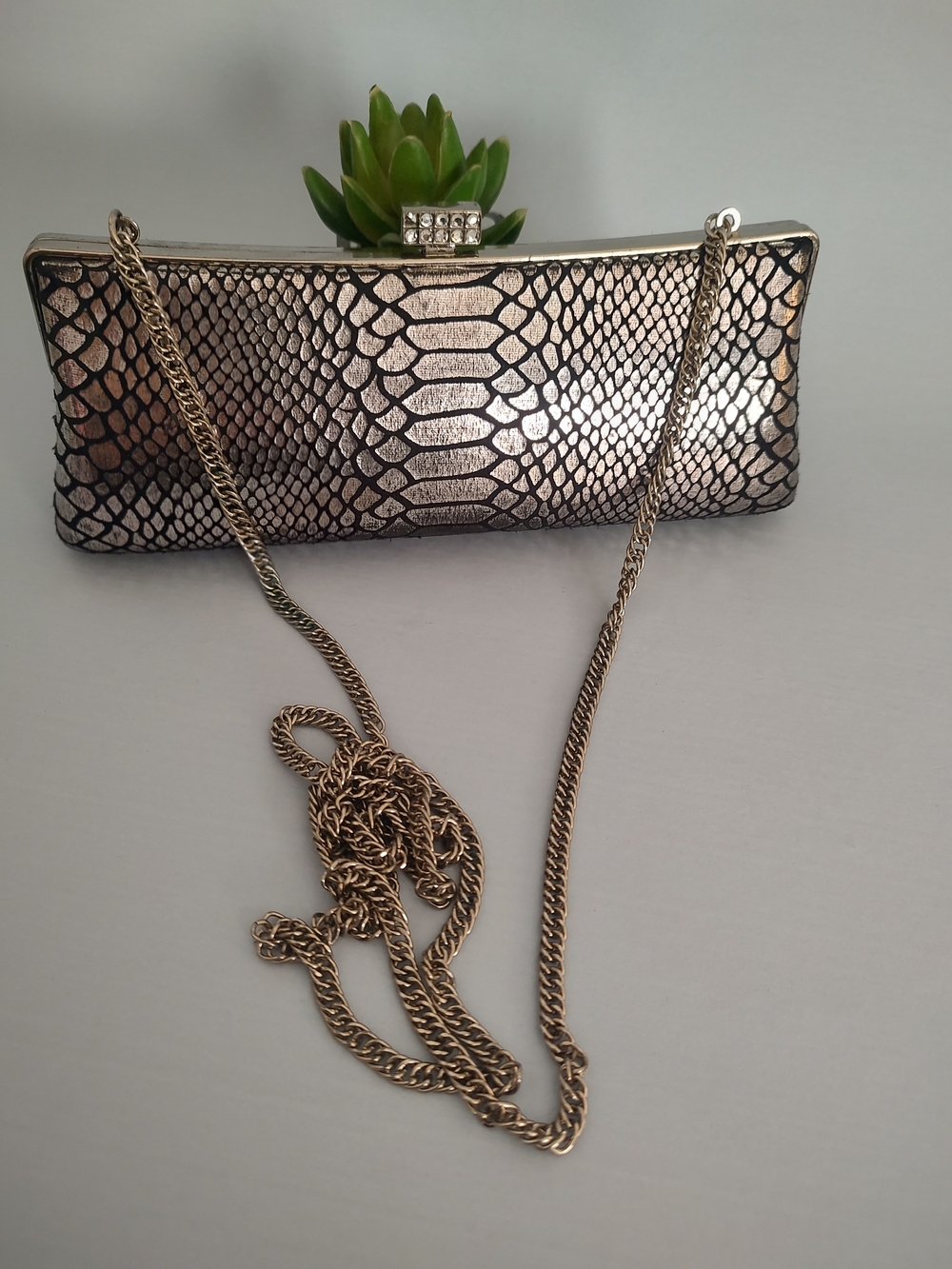 Metallic Snake-Print Evening Clutch with Chain Strap